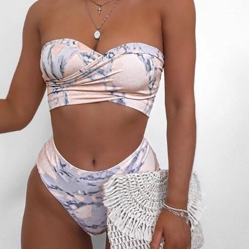 

IMANFive Sexy Bikini 2020 New Arrival Strapless Bandage Print Bikinis Padded High Waist Swimsuit Swimwear Women Biquini -L1