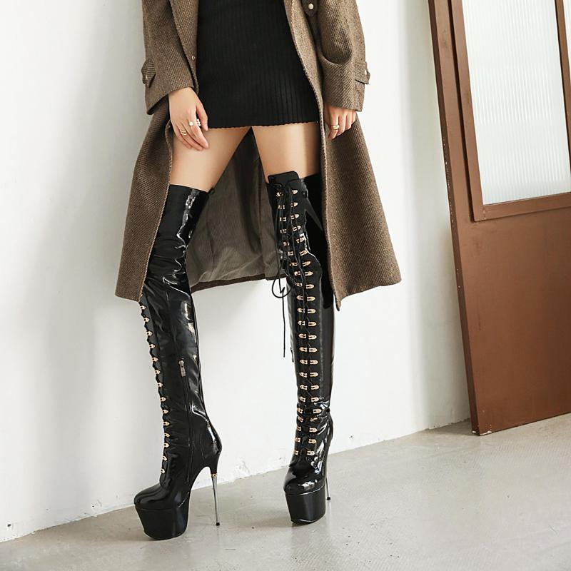 

MKKHOU Over-the-knee Boots 2020 New Winter Patent Leather Round Toe Cross-Tie Rivet Platform 16cm High Heel Boots Winter1, Silver short plush