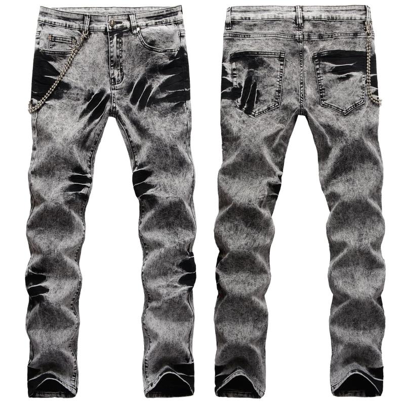 

Craft Fried Snowflake Vintage Lanyard Decorative Stretch Slim Jeans Men Pleated Fashion Hip Hop Denim Trousers, Black
