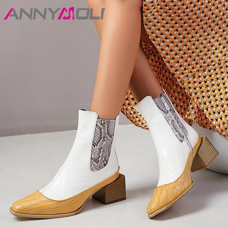 

ANNYMOLI High Heel Woman Boots Snake Print Ankle Boots Thick Heel Shoes Zip Square Toe Ladies Short Autumn Winter White 461, Black