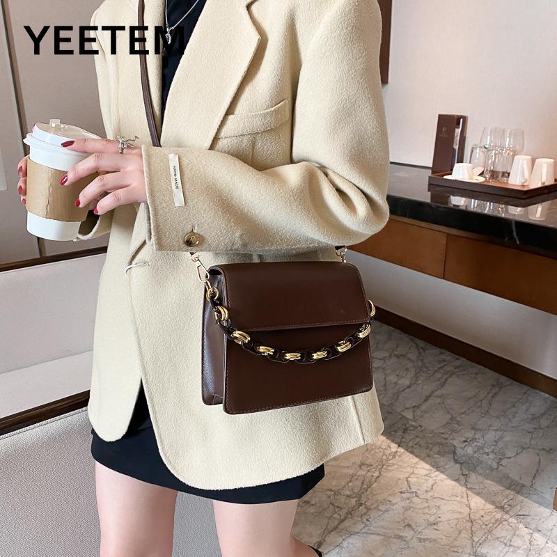 

French Women's Bag Metal Chain Messenger Bag All-match Single Shoulder Small Square PU Leather Handbags Women Bags, Black