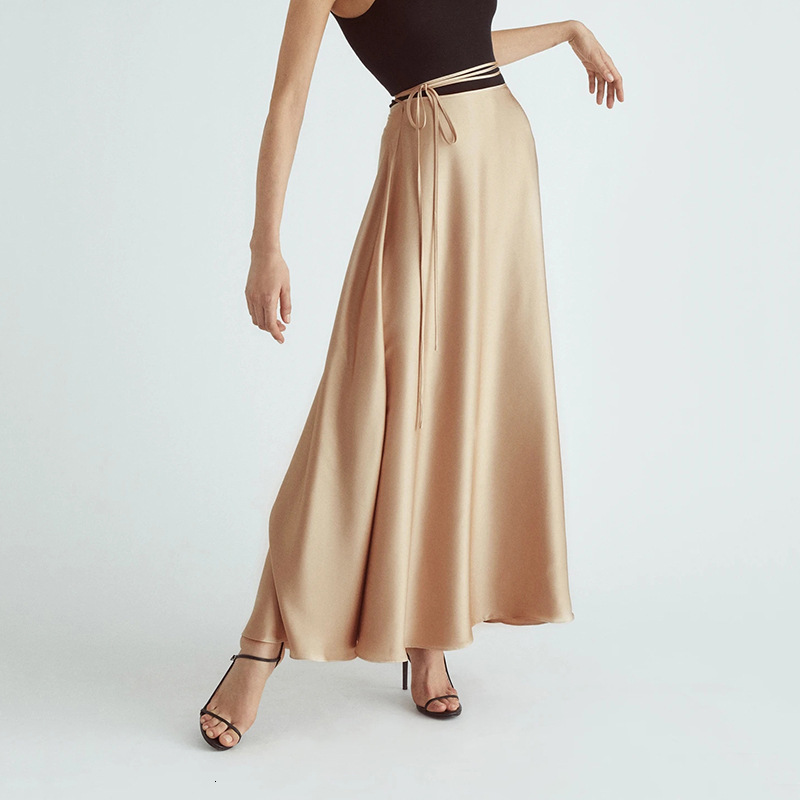 

New 2021 Spring High Waist Vintage Women A-line Fashion Pure Color Lace-up Design Long Skirt Jupe Femme Saia Jnhy, Khaki