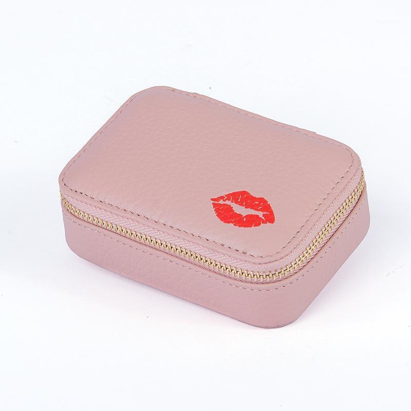 

New Genuine Leather Mini Lipstick Bag Portable with Mirror Makeup Cosmetic Bag Cute Lip Print Zipper Storage Female1, Black