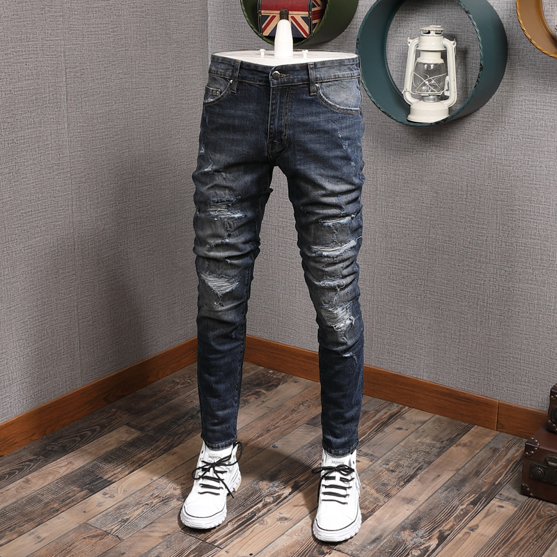 

2021 New Newly Designer Fashion High Quality Slim Fit Ripped Men Denim Pencil Pants Streetwear Hip Hop Jeans Homme Kel1, Retro dark blue
