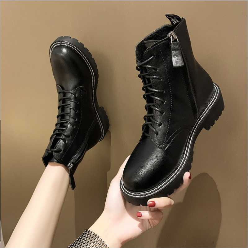 

2020 Woman boots mid-tube short boots leather short rubber British style retro autumn and winter, Black