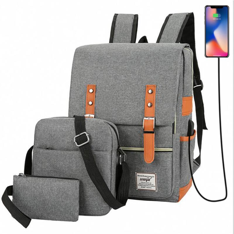 

Three-piece belt buckle backpack male student schoolbag casual personality fashion 1 computer backpack USB charging, Black