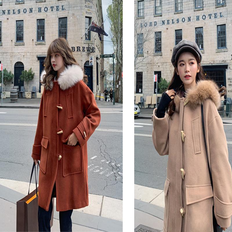 

New Solid Thickened Woolen Ladies Jackets Winter Mid-Length Horn Button Plus Cotton Hooded Straight Fashion Wool Coat Women Long, Camel