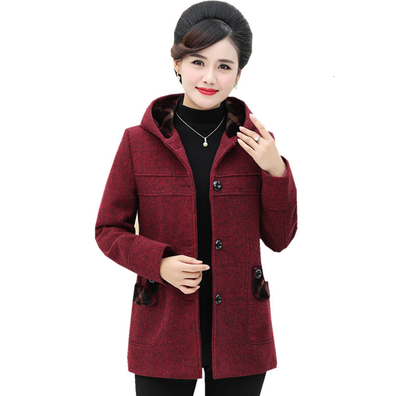 

2021 New Middle-aged Elderly Women's Coat Autumn Winter Mixed Coats of Medium Length Single-breasted Wool with Hood Outwear K809 70LT, Gray.