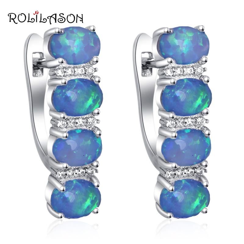 

ROLILASON Simple design Hoop Earrings for women Wholesale & Retail Blue Fire Opal Silver Stamped Fashion Jewelry OE746