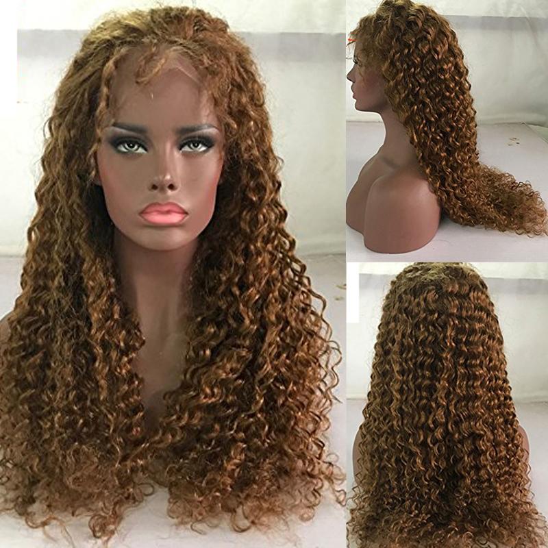 

24inch 180% Density Honey Blonde Human Hair Wigs Glueless 5x5 Silk Base Scalp Top Wig For Women Remy Mongolian Hair PU Curly Wig, Natural color