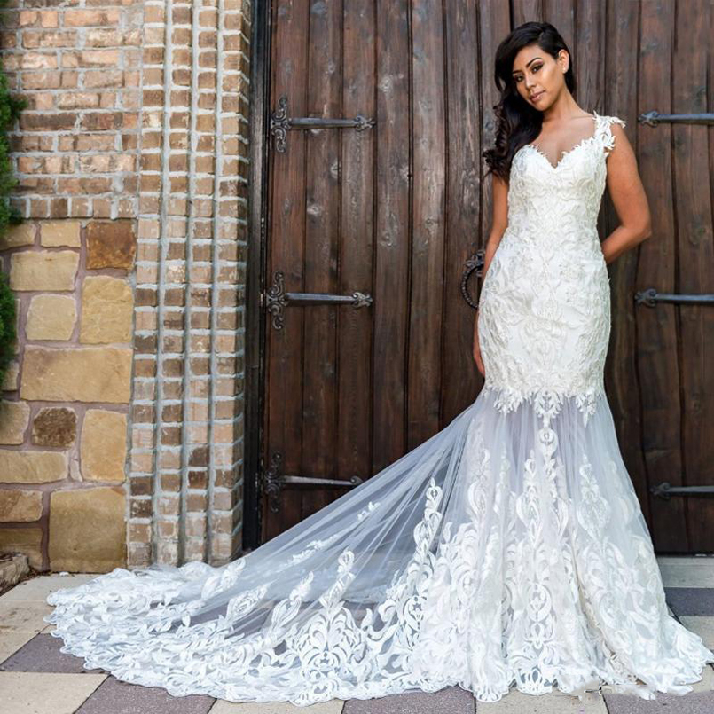 

Sweetheart Neck Lace Mermaid Wedding Dresses with Appliques Cap Sleeves Court Train Tulle Garden Bridal Gowns, White