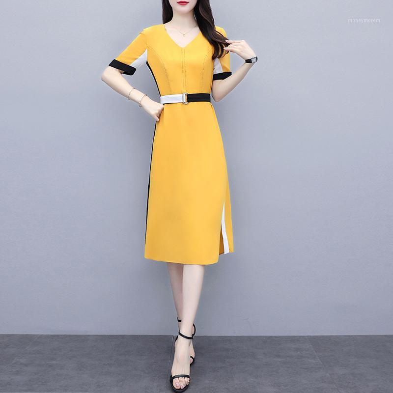 

2020 Spring Summer Plus Size Dress Women Short Sleeve Temperament Slim Chiffon Dress Elegant Ladies Dresses Vestidos 4XL G0321, Yellow