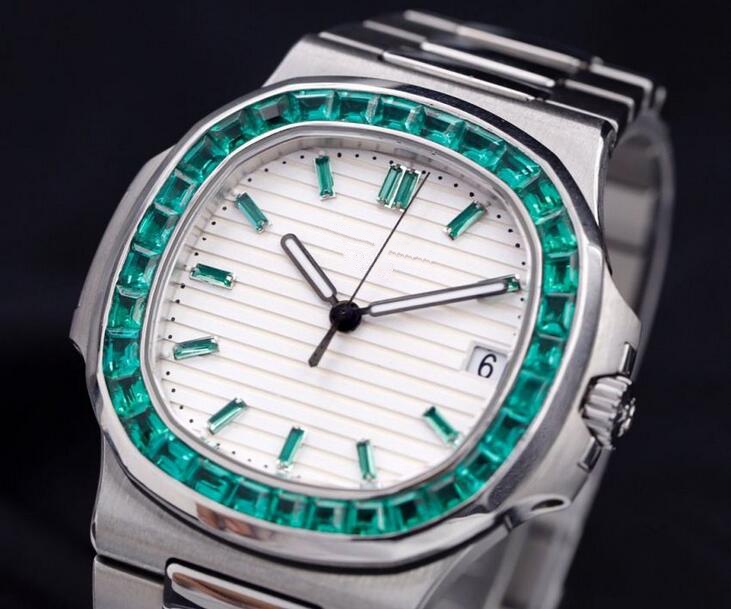 

New arrivals Top Nautilus Watch Men Automatic Watch 5711 Silver band colorful stones Stainless Mechanical diamonds bezel di Lusso Wristwatch Date ikwatches 05-2, Silver stones blue leather