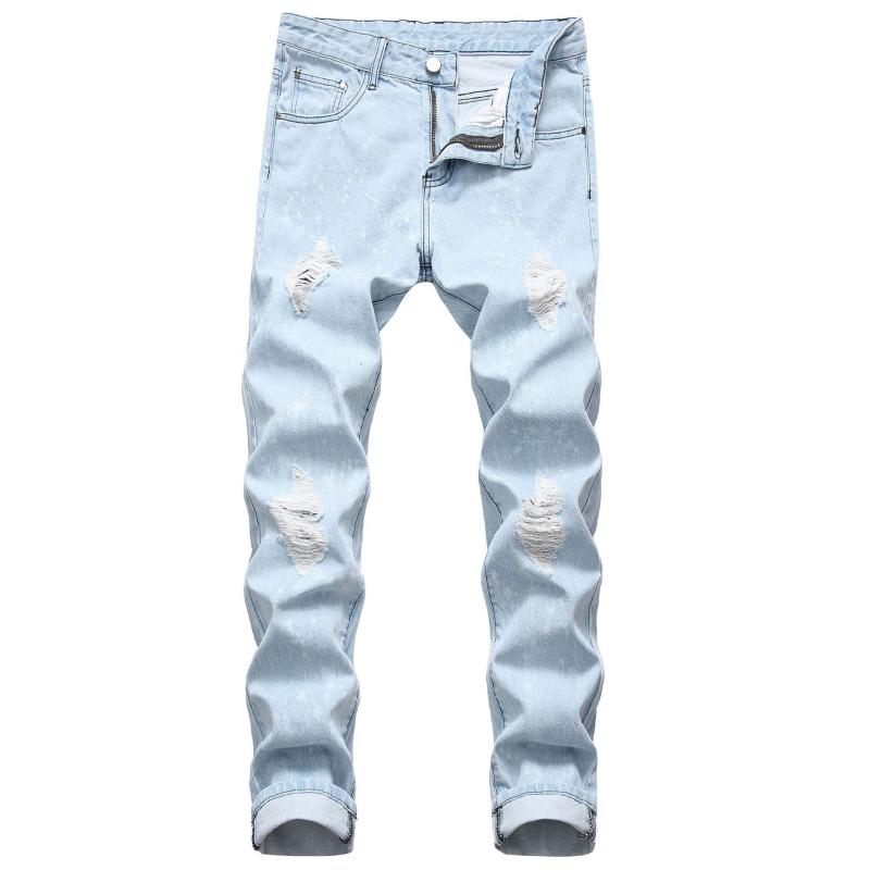 

2021 New Men's Slim Fit Straight Ripped Ink Point Casual Denim Trousers Fashion, 507-3 light blue
