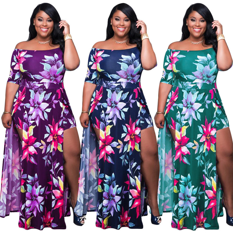 

Plus Size Floral Dreeses Womens Sexy Strapless Short Sleeve Onesize Split Dress Summer Fashion Loose Women Clothes, Green