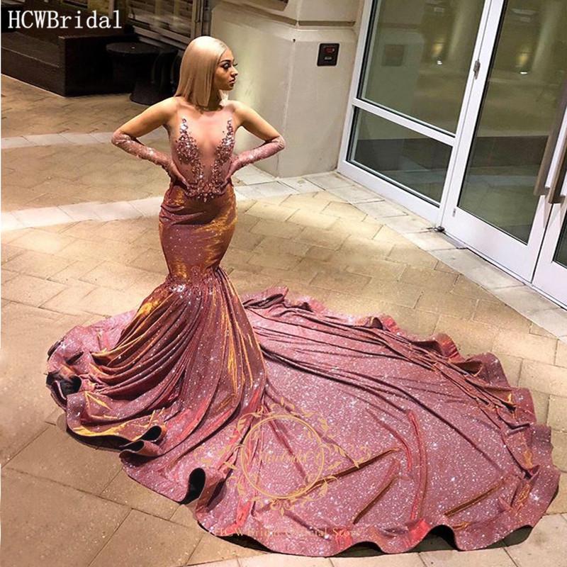 

Dusty Rose Glitter Long Train Evening Formal Dress Sexy See Through Half Sleeves Crystals Mermaid Black Girls Prom Dresses