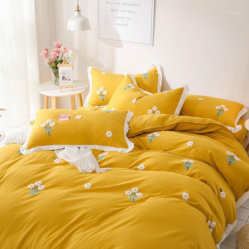 

Candy COlor Lace Bedding Set 3pcs/4pcs Bed Linens Girl Cute Kawaii Bed Sheets and Pillowcases Set for 1.2-2M1, Yellow