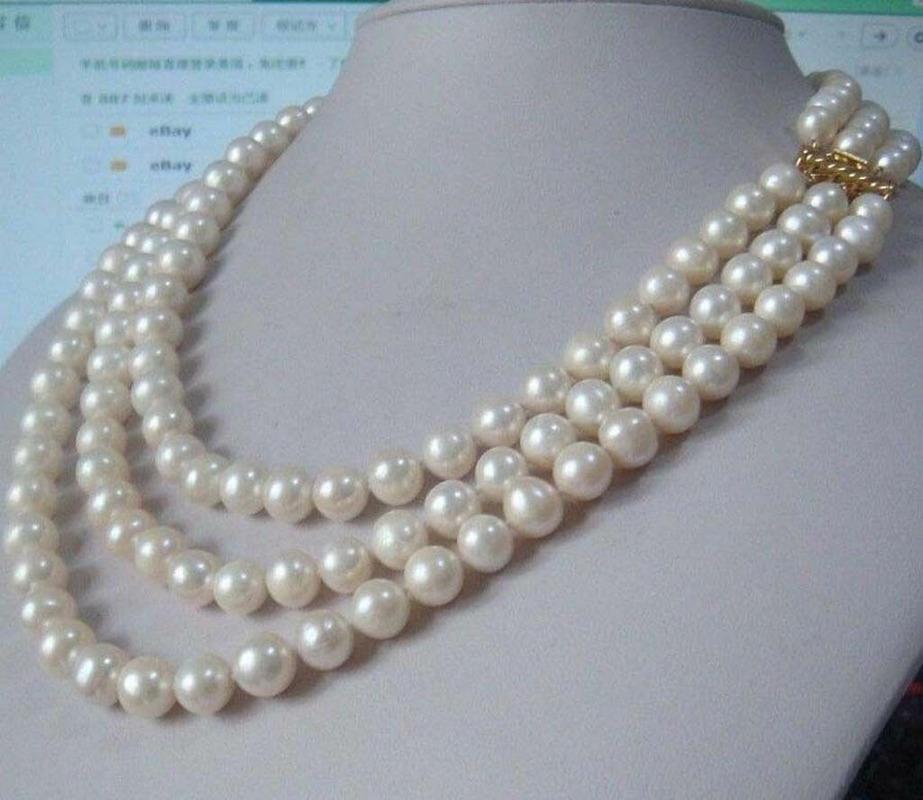 

Charming 3 row natural 8-9mm south sea white pearl necklace 17"18"19