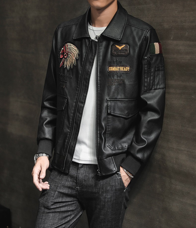 

Embroidery PU Leather Jacket Men Windbreaker Black Brown Mens Coats Leather Biker Motorcycle Jackets Giubotto Uomo
