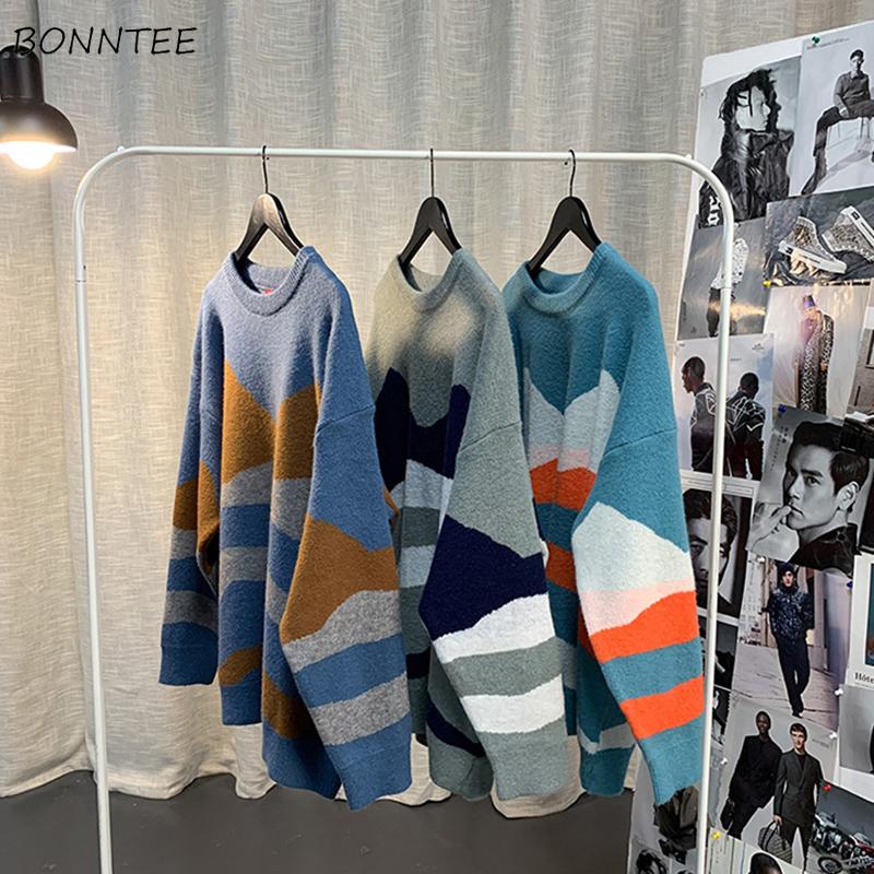 

Pullovers Sweater Men O-neck Baggy Couple Patchwork Knitwear Jumper Harajuku Vintage Sweaters Male Ins Thicken Winter Clothes, Orange