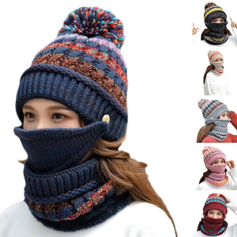 

2020 Women Winter 3Pcs Pompom Beanie Hat Circle Scarf Face Mask Set Multicolor Striped Knit Skull Cap Plush Lined Neck Warmer
