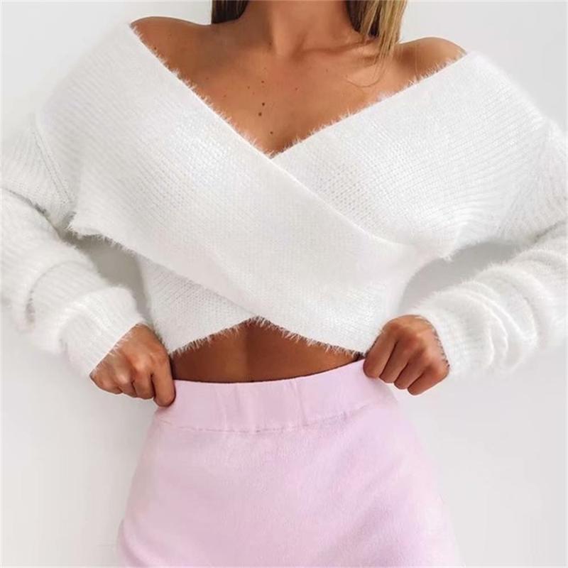 

2020 early season new sexy furry cross V-neck long sleeve short knit sweater all-match top, White