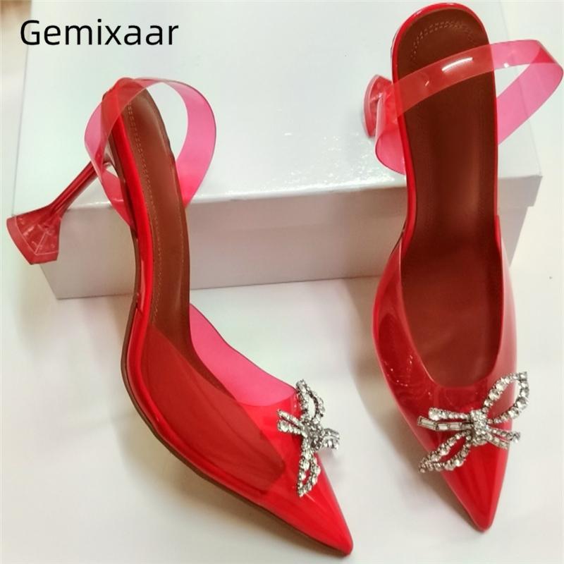 

Sweet Jelly Color PVC Transparent Sandals Women Clear Crystal Goblet Heel Point Toe Rhinestone Bowtie Summer Shoes Woman1
