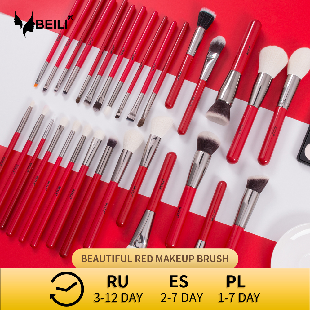 

BEILI Red Natural Makeup Brushes Set 11-32pcs Foundation Blending Powder Blush Eyebrow Professional Eyeshadow Make up Brushes 201007