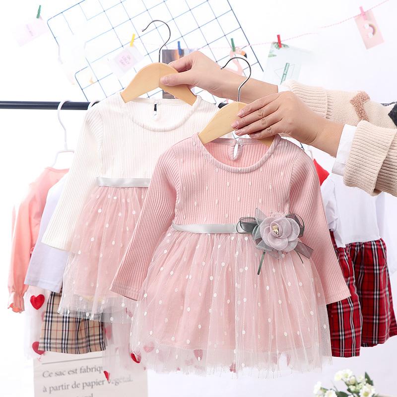 

Summer Autumn Baby Girls Round Neck Mesh Stitching Gauze Princess Flower Cute Sweet Long Sleeve Dress