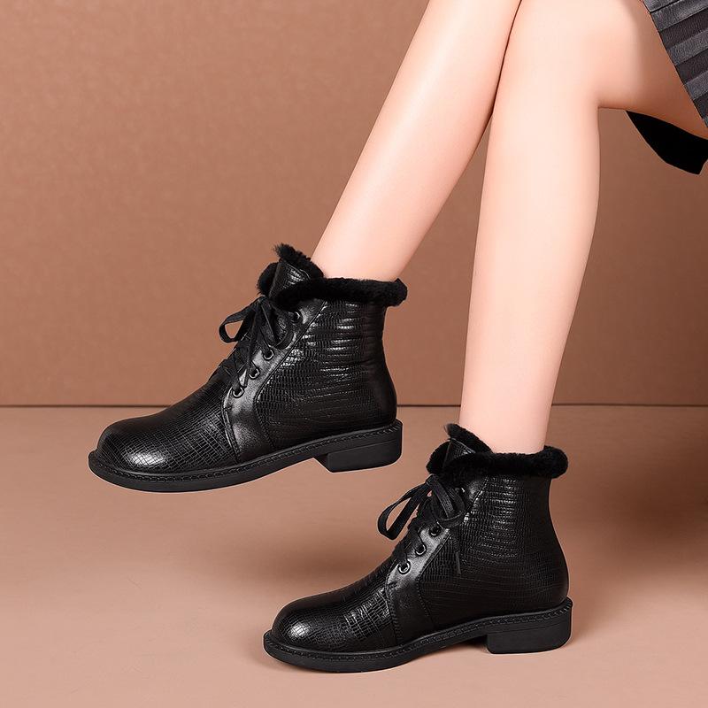

Autumn Winter Brand Genuine Leather Women Ankle Boots Warm Platform Short Boots Sports Casual Shoes Woman Lacing Snow, Black