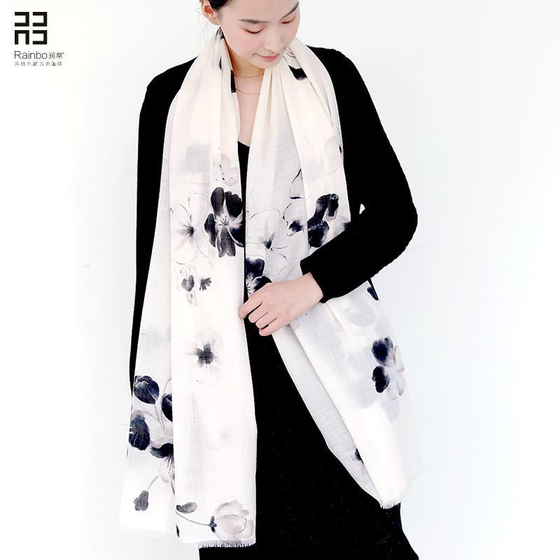 

Chinese style ink flower pure wool scarf female winter black and white shawl dual-use spring autumn and winter1
