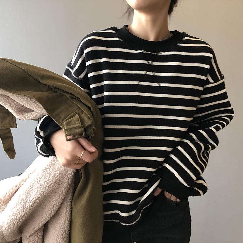 

New 2021 Spring Hoodie Turn Down Collar Striped Long Sleeve Casual Hoodies Loose Style Thick Women Clothes Pullovers Vtqd, Khaki