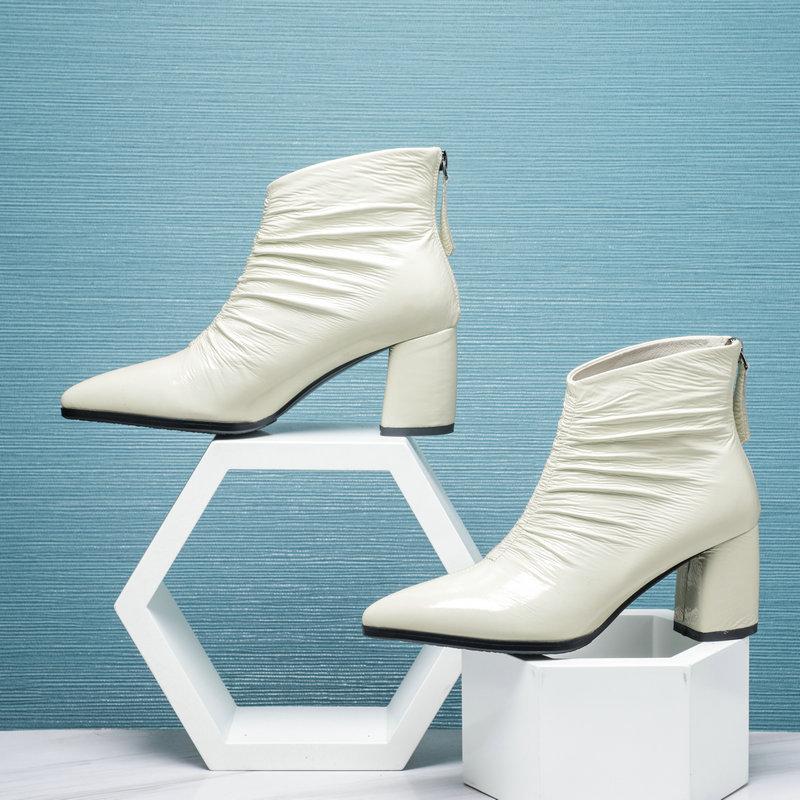 

pleated Ankle Boots For Women High Heels Shoes Woman 2020 Autumn Winter Wedding Office Lady Back Zipper Winter Shoes, Beige