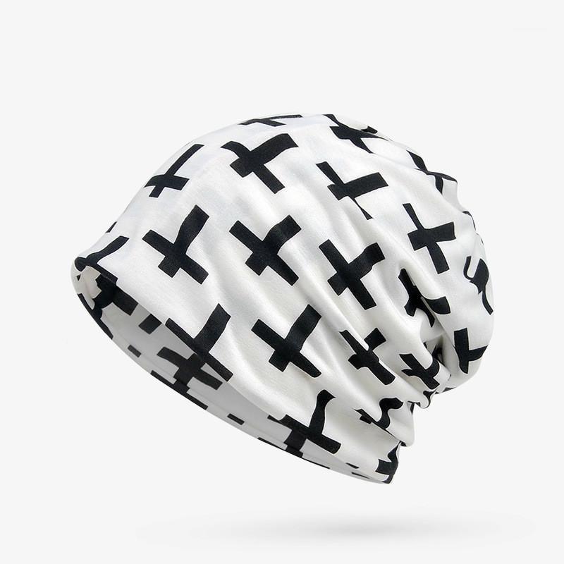 

Turban Hat Women Cross Pattern Beanie Hats For Men Bone Cap Summer Autumn Hat Femme Female Male Collar Scarf Mask Skullies1, White