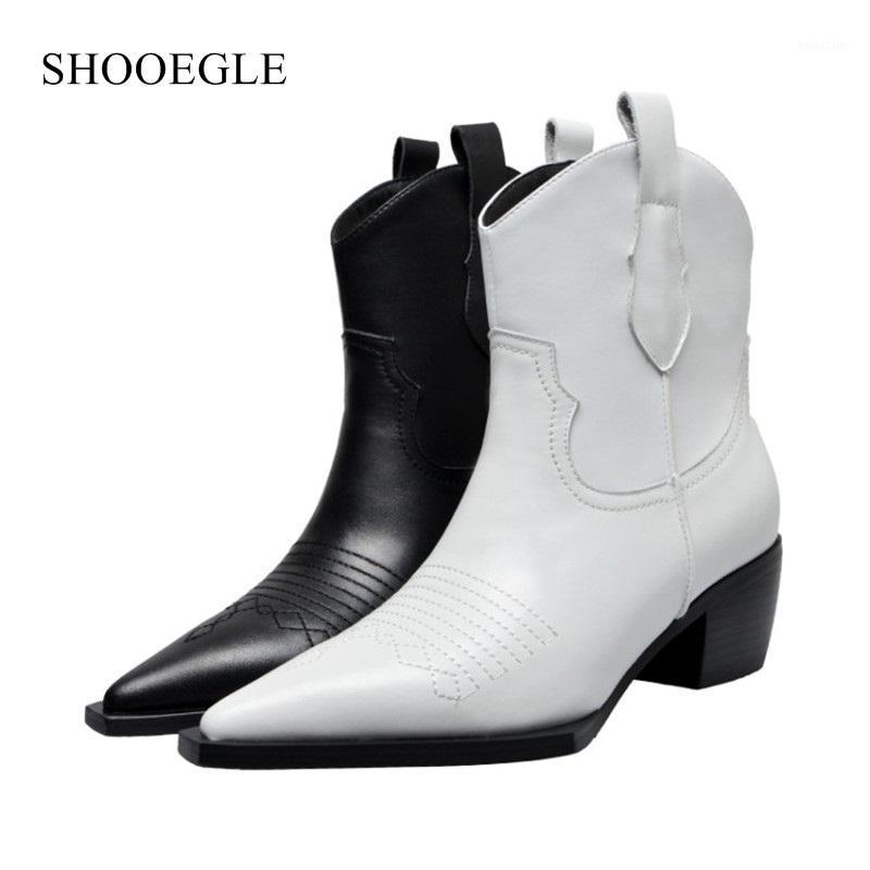 

Women ankle boots 2020 slip on mid heels chic autumn winter shoes real leather pointed toe western cowboy boots white black1, Black