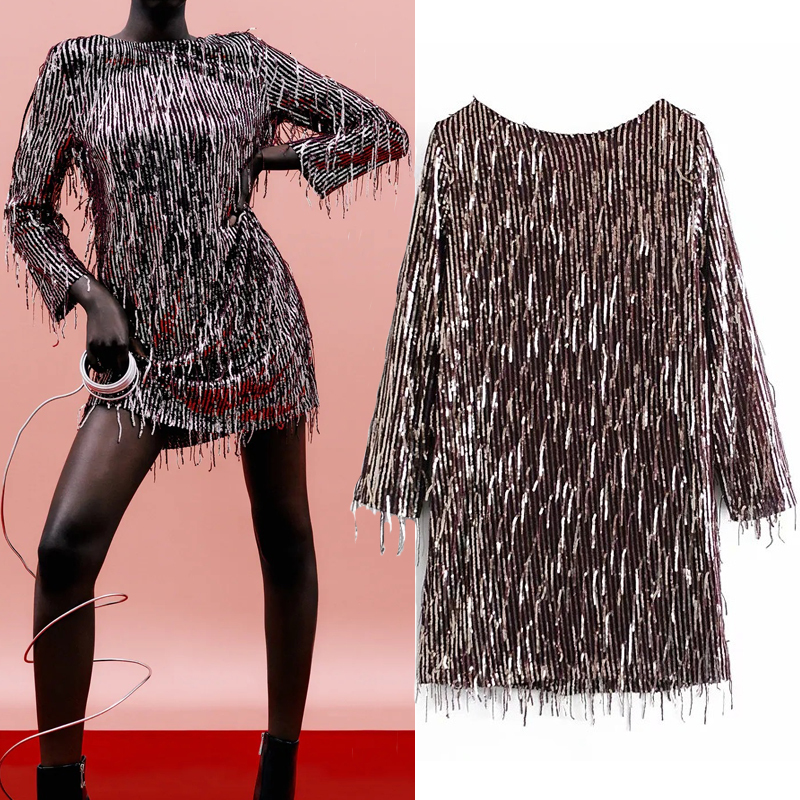 

2021 New Tassel Sequin Party Women Vintage Glitter Long Sleeve Mini Dresses Woman Low Cut Back Sexy Christmas Dress Mpp0, Burgundy
