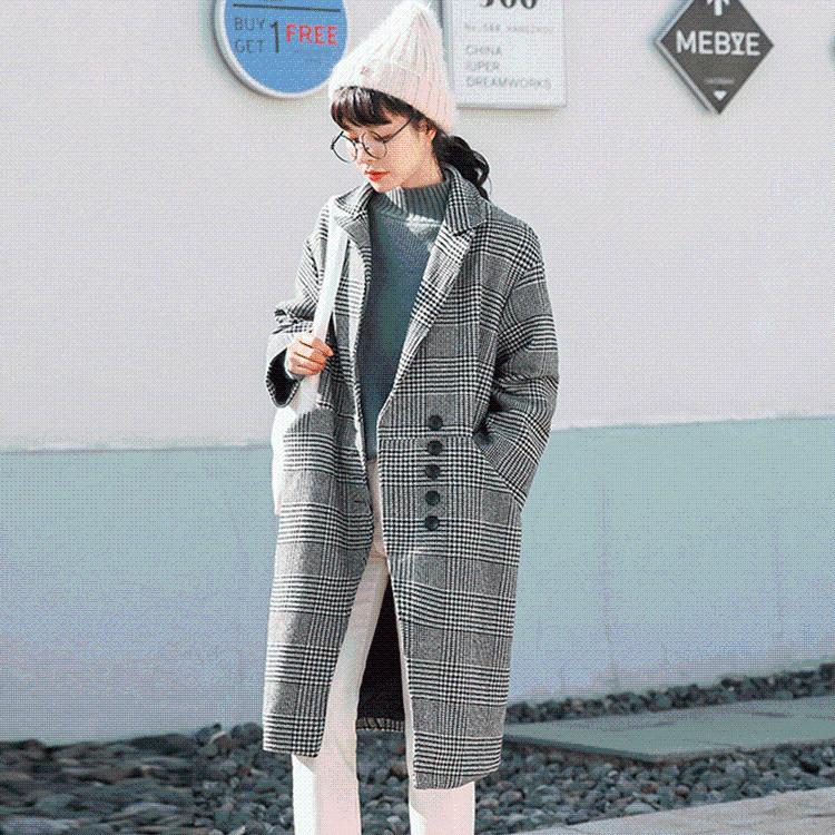 

New Korean Long Wool Coat Single Breasted Plaid Wool Blend Coat and Jacket Wide-waisted Women Coats Autumn Winter, Brown