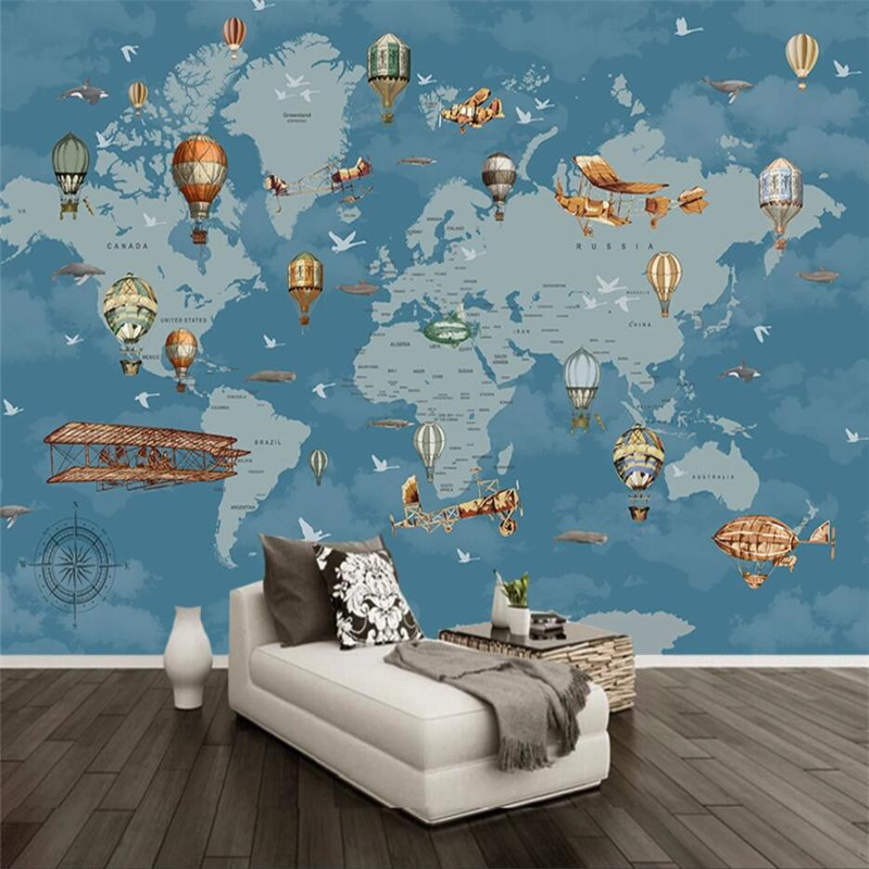 

Hand-painted Blue Cartoon Wall Papers Home Decor Hot Air Balloon Plane Children's Room Background Mural Wallpaper 3D, As pic