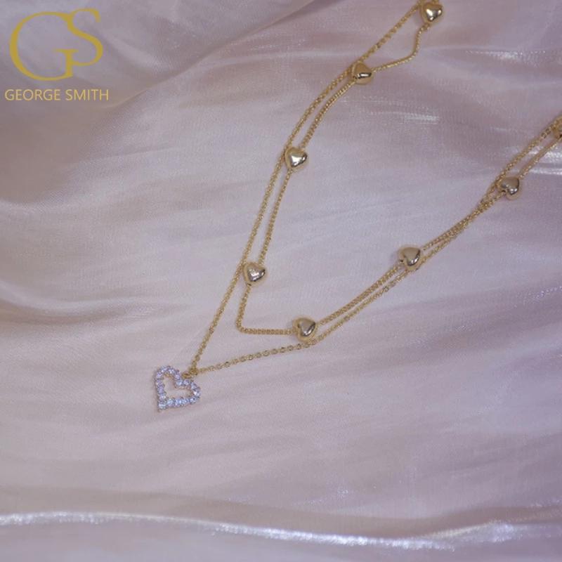 

GS New Gold Color Double-Layer Heart Necklace Shining Bling Zircon Women Clavicle Chain Wedding Pendant Gift Fashion Jewelry