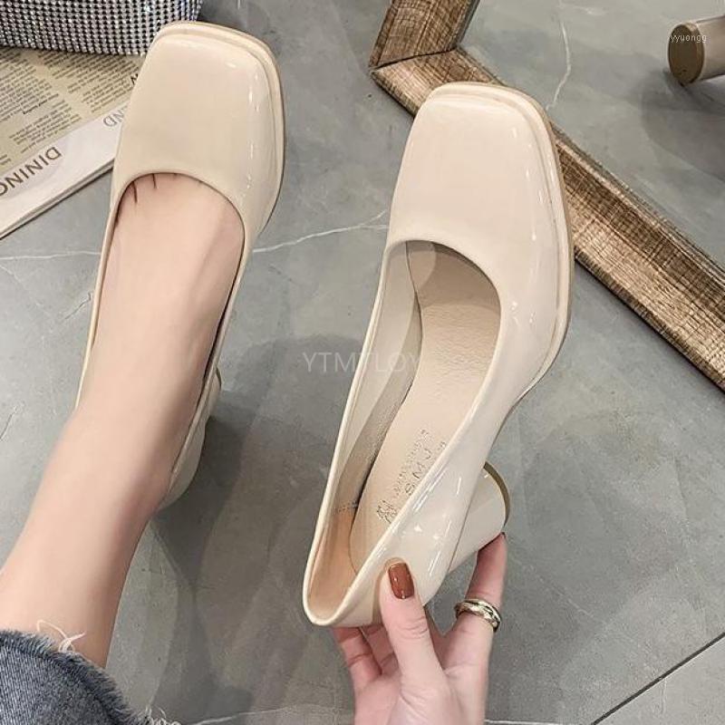 

New High Heel Shoes Women Real Leather Pumps Fashion Footwear Square Toe Zapatos De Mujer Plataforma Slip-On1, Beige