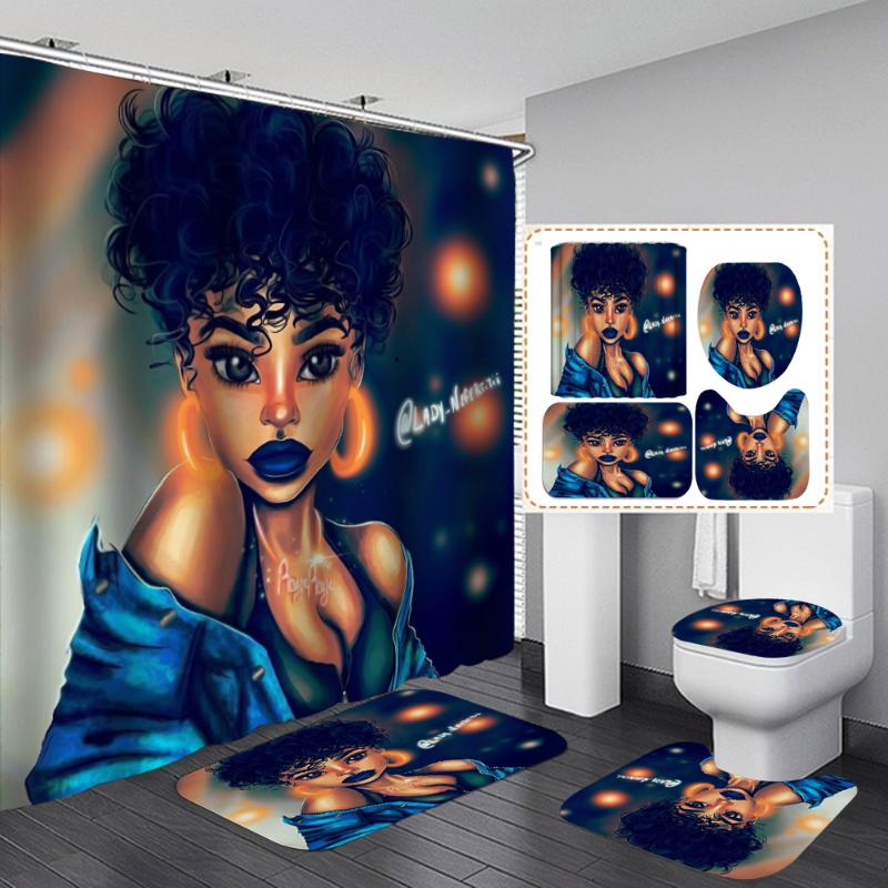 

Curls Sexy African Girl Shower Curtain Fabric Bathroom Curtains Set Afro America Women Non-slip Bath Mat Toilet Pad Carpet