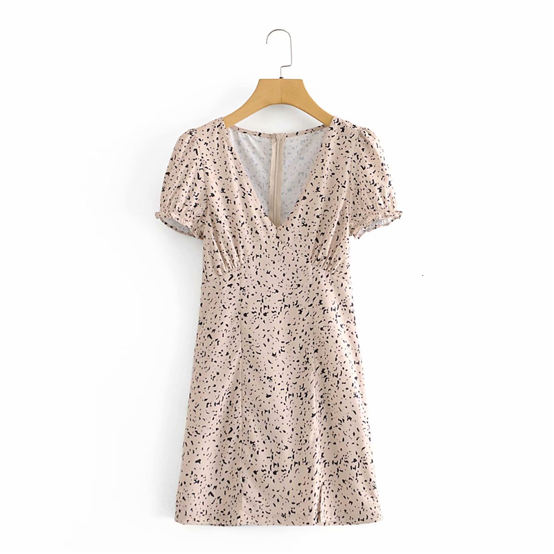 

2021 New Elegante Bege Dot Moda Senhoras V-neck Mini Doce Feminino Streetwear Bainha Vestido Chique Menina Vestidos Bf3a, Beige