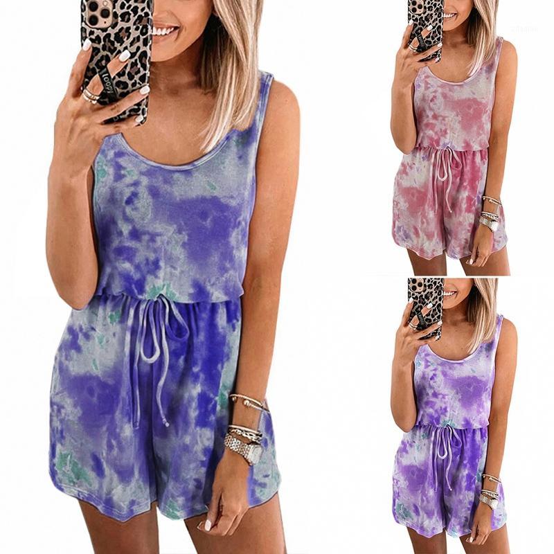 

Women' Summer Fashion Tie-Dye Lace-Up Casual Vest Top Jumpsuit Shorts1, Purple