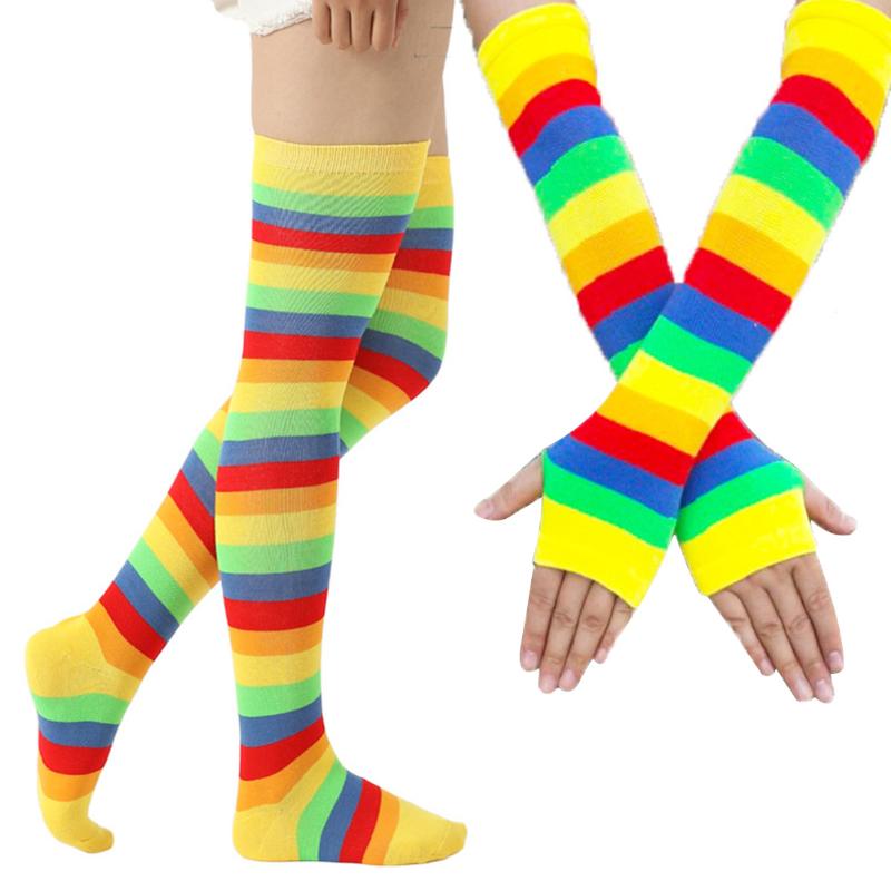 

Cotton Blend Rainbow Anti Slip Elastic Slim Striped Soft Fashion Party Casual Long Gloves Women Stockings Set Over Knee Cosplay