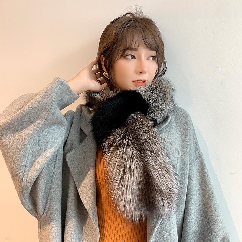 

ZDFURS* Women Silver Fur Scarves Black Fur Mufflers Whole Skin High-end Real Shawl Wraps Rings Neck-wear Winter Warm