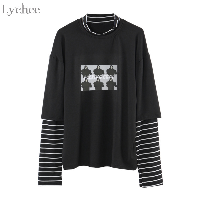 

Lychee Spring Autumn Women T Shirt Character Letter Print Stripe Patchwork Casual Loose Long Sleeve T Shirt Tee Top 201125, Black