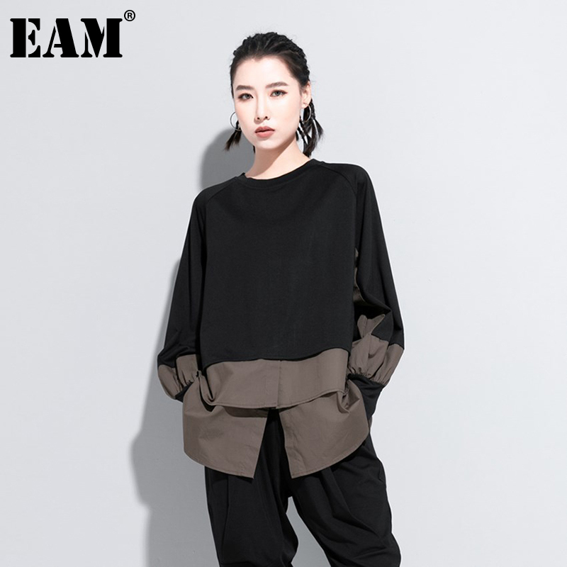 

[EAM] Women Army Green Irregular Split Joint Big Size T-shirt New Round Neck Long Sleeve Fashion Spring Autumn 1DA608 201125