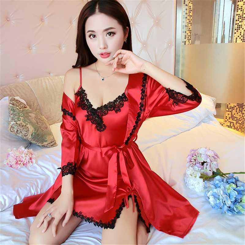 

Nightdress nightgown two-piece suit rayon sexy solid color lace edge pajamas ladies strap thin section fashion pijamas women red1, Pink