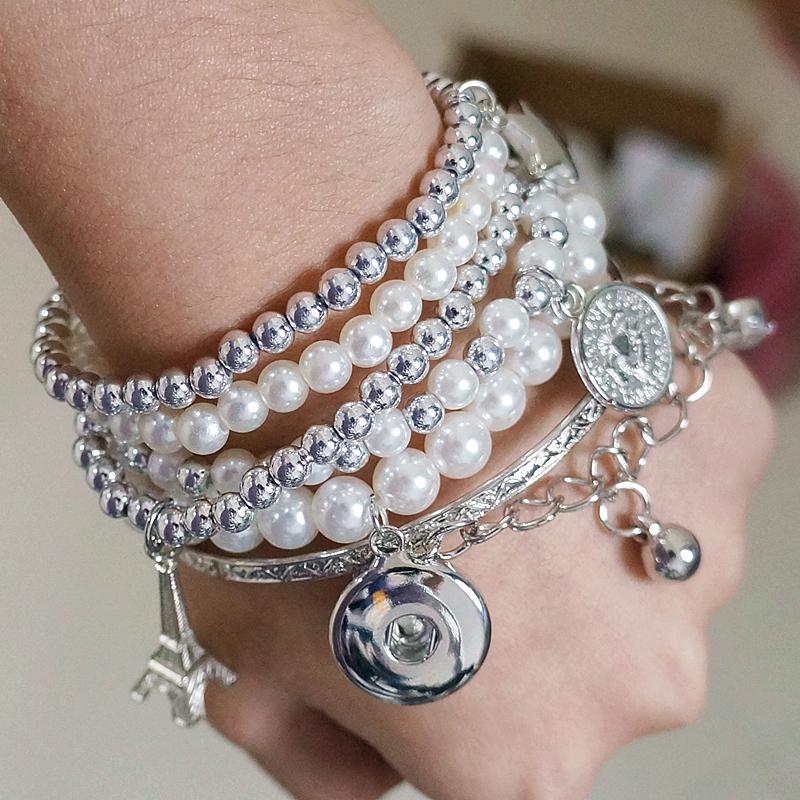 

Fashion Charming Multi-layers beads snap bracelet elastic fit 18MM snap buttons jewelry wholesale AB0035