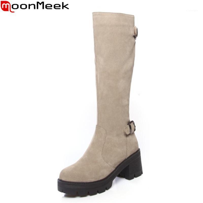

MoonMeek 2021 winter knee high boots square heels round toe platform women boots top quality cow suede ladies shoes1, Black